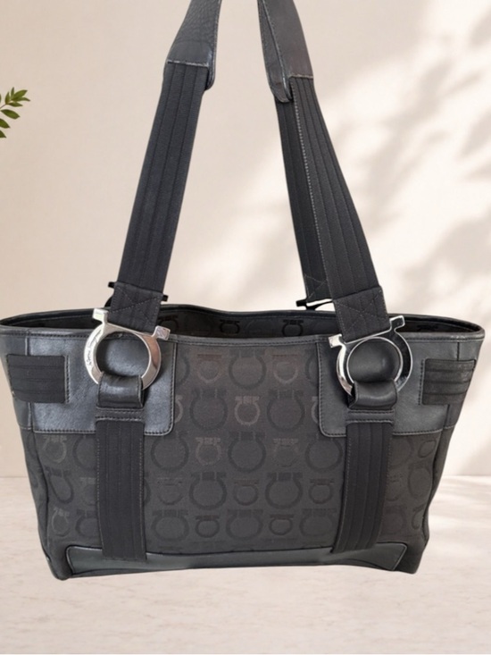Salvatore Ferragamo Handbags - Authentic Ferragamo Black Logo Jacquard Tote with Silver Hardware